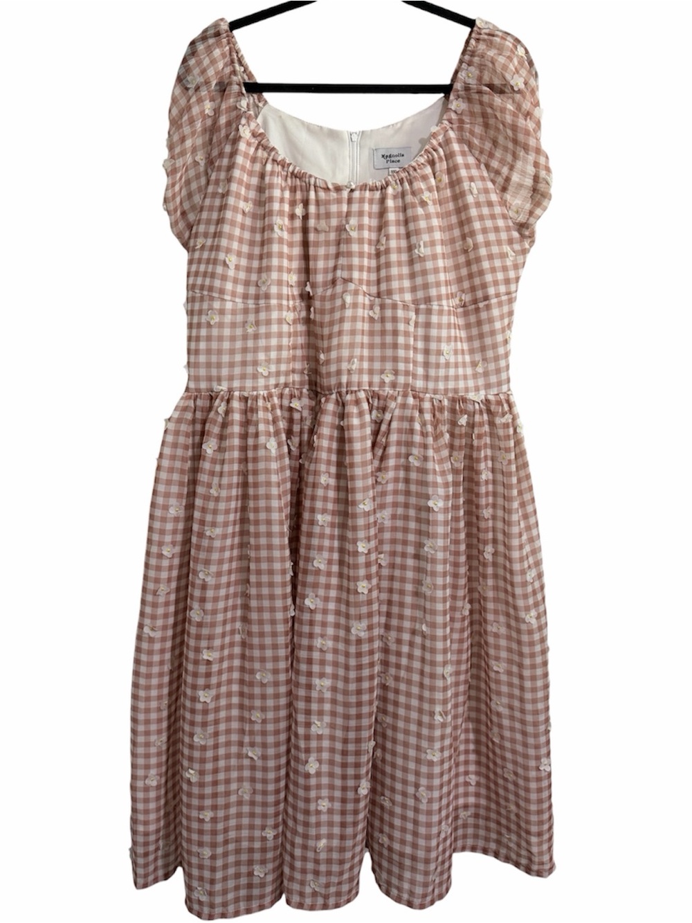 Magnolia Place Size 3X Pink Gingham Floral Dress Puff Sleeve Cottagecore Midi